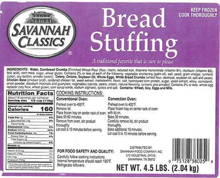 Product label, Savannah Classics Bread Stuffing NET WT 4.5 LBS (2.04 kg)