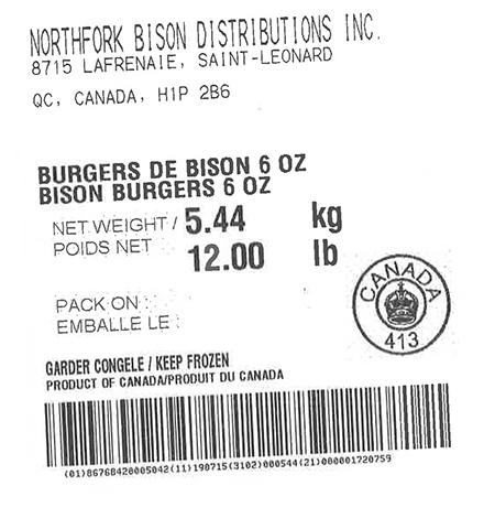 Product labeling Northfork Bison Distributions Inc. Bison Burgers 6oz Net Weight 12 LBS