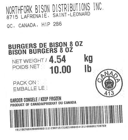 Product labeling Northfork Bison Distributions Inc. Bison Burgers 8 oz, Net Weight 10 LB