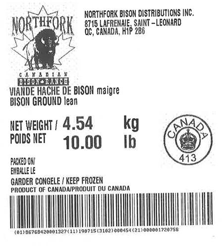 Product labeling Northfork Bison Distributions Inc. Bison Ground lean, Net Weight 10 LB