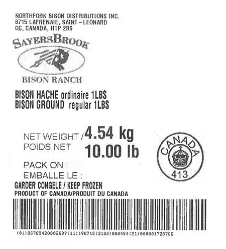 Product labeling Northfork Bison Distributions Inc. SayersBrook Bison Ranch Bison Ground regular 1 LBS, Net Weight 10 LB