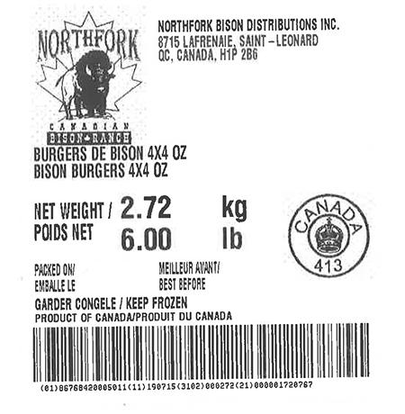 Product labeling Northfork Bison Distributions Inc. Bison Burgers 4x4 oz,  Net Weight 6 LB