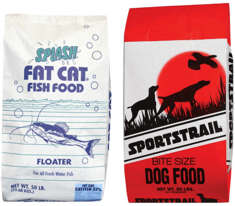 (L) SPLASH FAT CAT FISH FOOD, FLOATER (R) SPORTSTRAIL, BIT SIZE, DOG FOOD