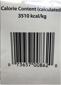 Picture Calorie Count and UPC Code 0 73657 00862 0, 14 lb bag