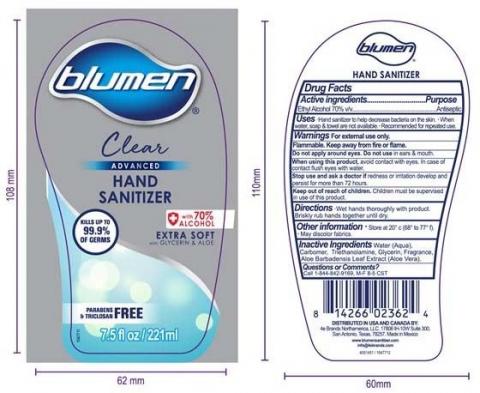 Product label front and back, BLUMEN ADVANCED CLEAR HAND SANITIZER 7.5 FLOZ 