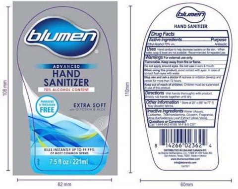Product label front and back, BLUMEN ADVANCED HAND SANITIZER 7.5 FLOZ / 221ML
