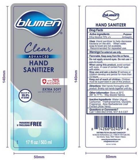 Product label front and back, BLUMEN ADVANCED CLEAR HAND SANITIZER 17 FLOZ 