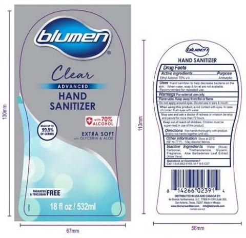 Product label front and back, BLUMEN CLEAR HAND SANITIZER 18 FLOZ 
