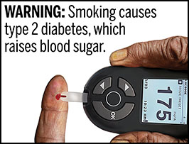 A rectangular cigarette health warning with a white background and black text that reads: "WARNING: Smoking causes type 2 diabetes, which raises blood sugar." Above the text is a photorealistic illustration depicting a personal glucometer device being used to measure the blood glucose level of a person with type 2 diabetes caused by cigarette smoking. The digital display reading of 175 mg/dL and a notation on the glucometer indicate a high blood sugar level. The warning is surrounded by a black outline.