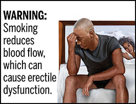 A rectangular cigarette health warning with a white background and black text that reads: "WARNING: Smoking reduces blood flow, which can cause erectile dysfunction." Next to the text, a photorealistic illustration shows a man with erectile dysfunction due to smoking. The man (aged 50-60 years) sits on a bed, leaning forward, with an elbow on each knee. His head is tilted down with his forehead pressed into hand. Behind him on the bed, his female partner looks away. The warning has a black border.