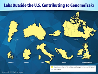 Map showing labs outside the U.S. contributing to the GenomeTrakr network. The locations of individual labs are shown with a light blue circle. There are 21 labs spread across 10 countries.