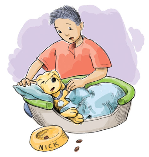 A boy standing next to a sick dog in a dog bed.