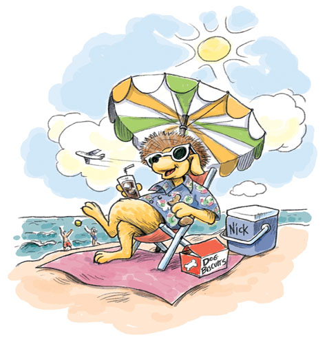A dog wearing sunglasses and a Hawaiian shirt sitting on the beach enjoying a drink and a dog bone.