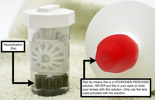 Picture depicting storage case with built in neutralization disc. Also indicates red tip on a container. Red tip means this is a hydrogen peroxide solution. NEVER put this in your eyes or rinse your lenses with this solution. Only use the lens case provided with the solution.