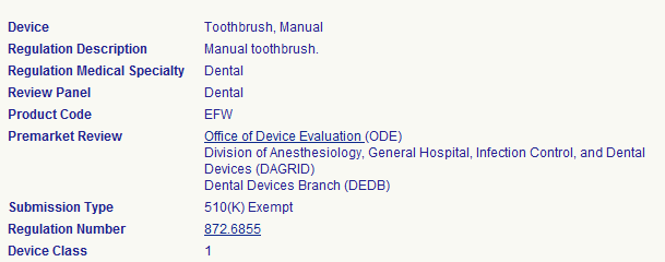 Sample Medical Device Classification Search on Manual Toothbrush (Details)