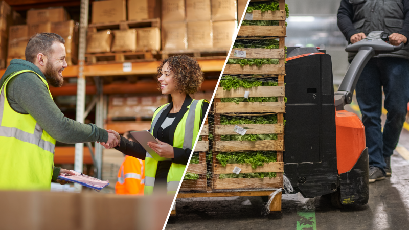 Employees shaking hands in a warehouse and an employee using a pallet jack