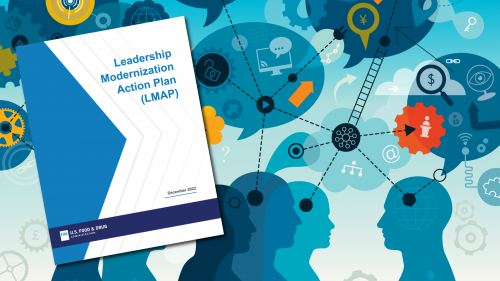 Illustration of leader speaking to Colleagues with cover of Leadership Modernization Action Plan (LMAP) report on left side.
