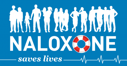 images of a diverse group of people, a life preserver and the words Naloxone saves lives 
