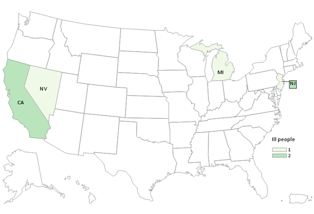 CDC Case Count Map - Enoki Mushrooms - Listeria monocytogenes April 6, 2023