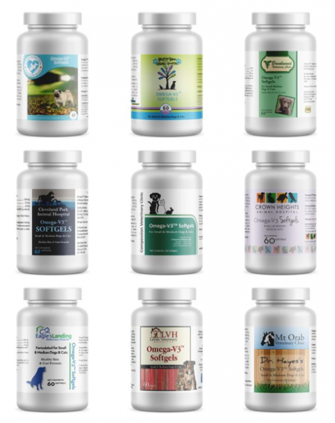 Multi brand labels for Omega-3 Soft Gel Supplements for cats and dogs, see table above