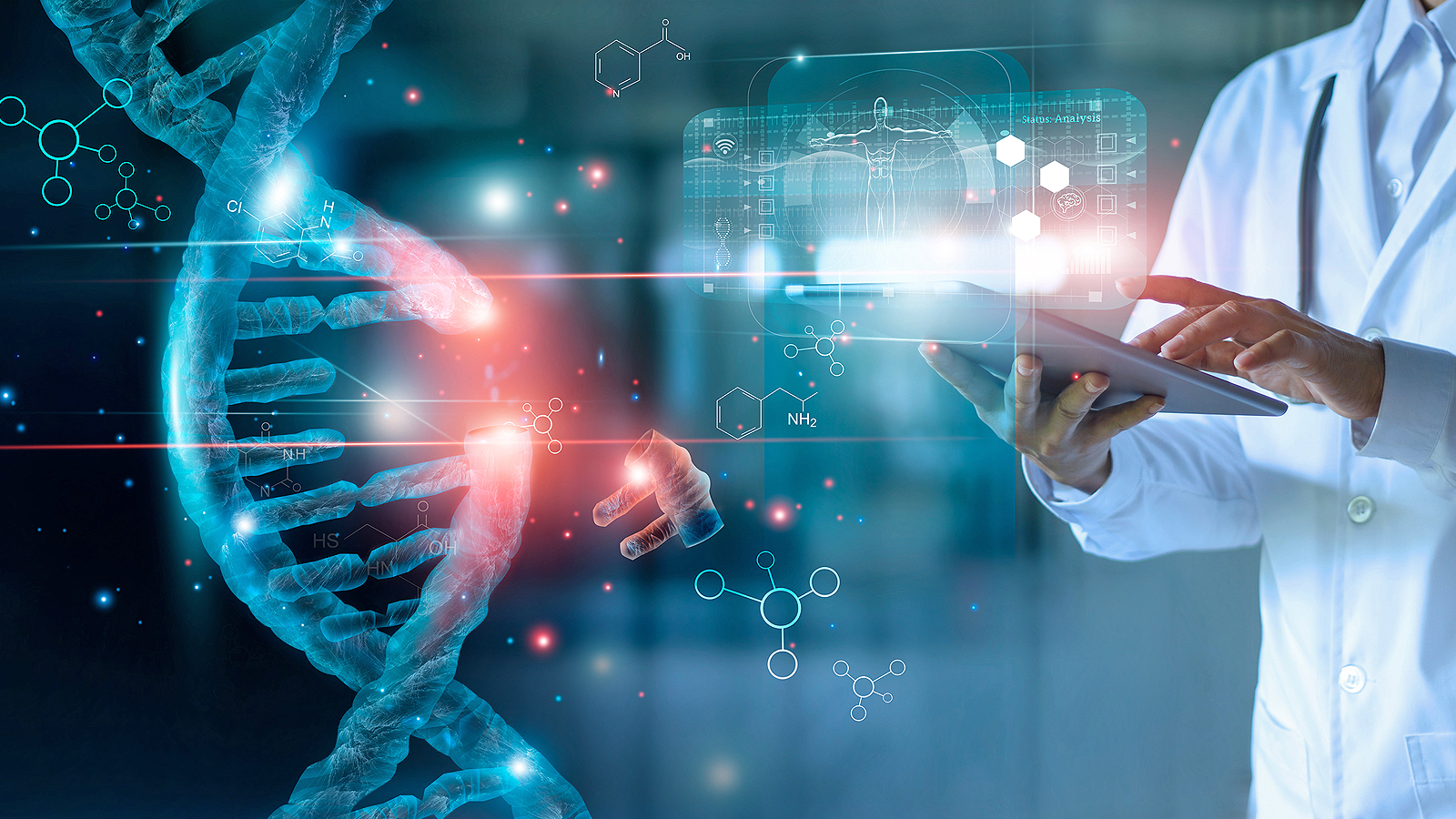 Computer-generated image showing an abstract luminous DNA molecule, a doctor using a tablet and check with analysis chromosome DNA genetic of human on virtual interface, and medical science and biotechnology.