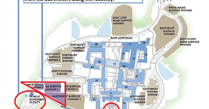 Map showing location of visitor parking on the White Oak Campus