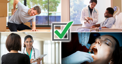 Four image collage depicting one person experiencing back pain, two people speaking with their doctors and a person receiving dental services.