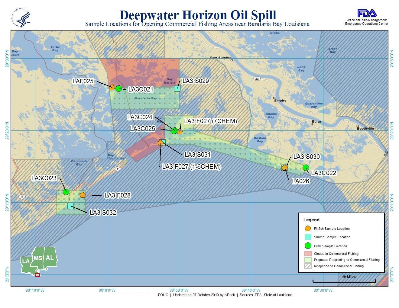 Map of sample locations for Opening commerical Fishing Areas near Barataria Bay Louisiana