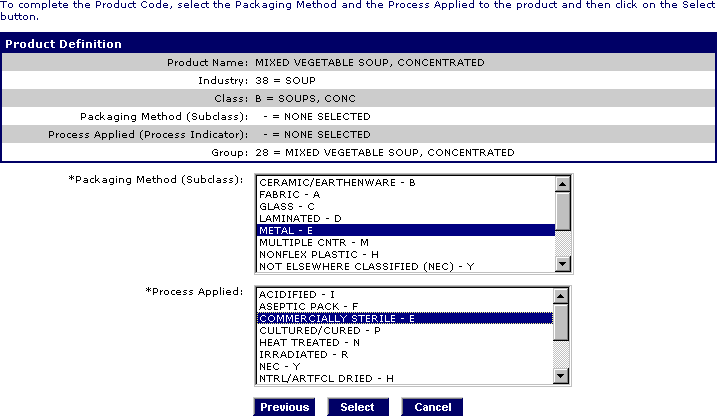 Prior Notice for Food Articles - Using the Product Code Wizard Step 4