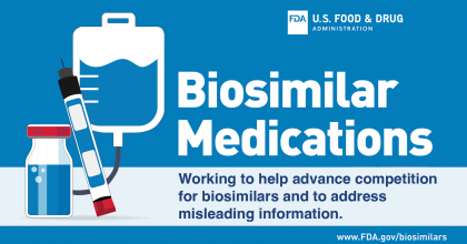 Image with a blue background, vector images of medical tools aligned to the left, and large type that reads Biosimilar Medications.