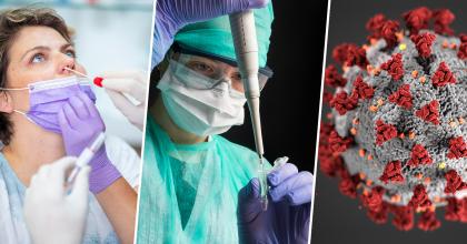 collage with three photos showing woman being tested for the coronavirus with a nasal swab, lab scientist wearing full personal protective gear preparing test sample with pipet, and a 3D illustration of the coronavirus