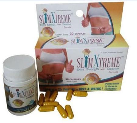 Slim Xtreme capsules packed in a non-flexible white bottle with a white screw-on top.
