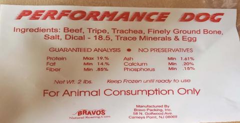 Label – PERFORMANCE DOG, FOR ANIMAL CONSUMPTION ONLY, Ingredient Statement & Guaranteed Analysis, BRAVOS