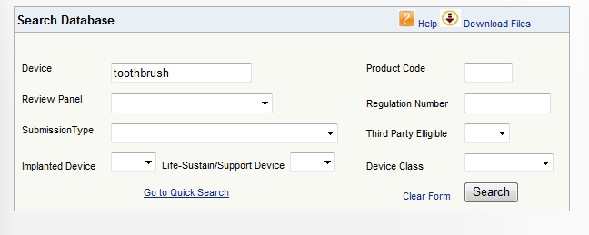 Sample Medical Device Classification Search on Manual Toothbrush