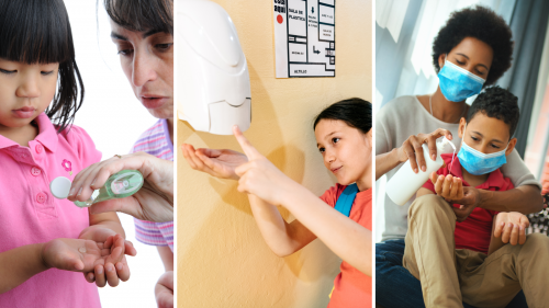 Three image collage showing parents and their children using hand sanitizer.