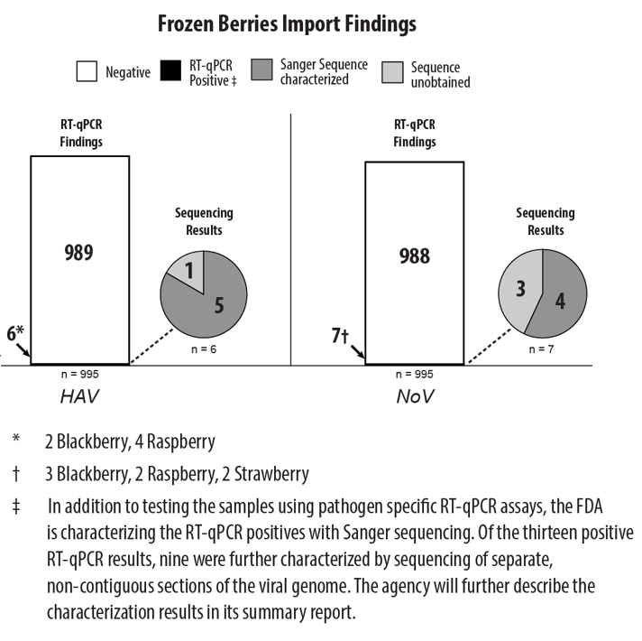 Results to date of the FDA’s collection and testing of import frozen berries: Of the 995 import samples collected and tested thus far, six were found to be positive for hepatitis A virus and seven were found to be positive for norovirus, based on the RT-qPCR test method.