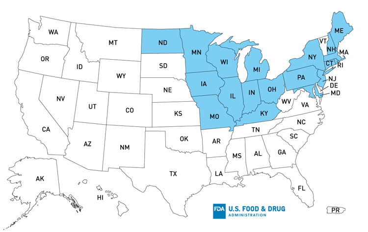 Map of U.S. Distribution of Recalled Packaged Salad