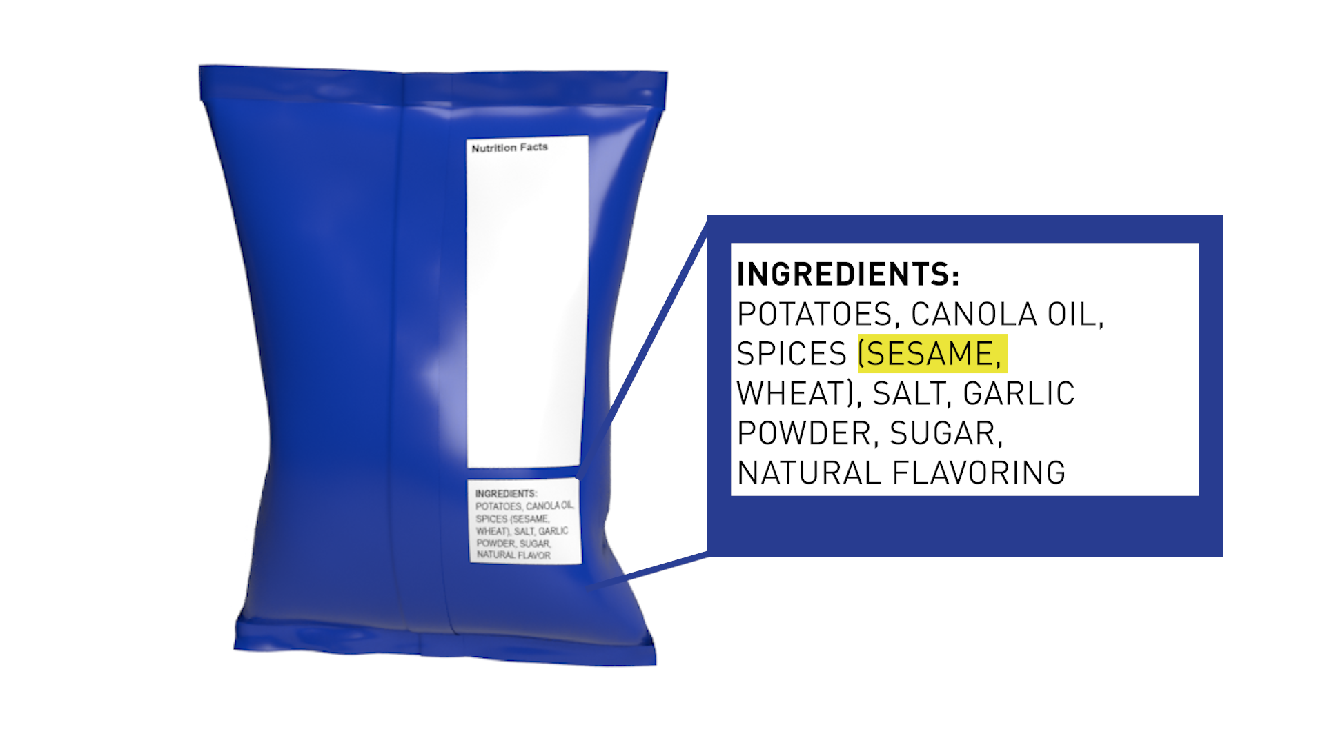 Dark blue bag of chips with a close up of the ingredients label.