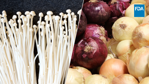 Two image collage depicting Bulb Onions on the right, and mushrooms on the left side of the image. The blue FDA logo is in the upper right corner of the image.