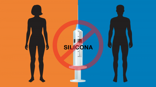 Image depicting a body outline of a man and woman, with a needle, that has the word Silicona crossed out.