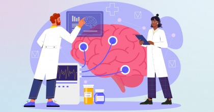 Illustration of male and female doctors infant of large brain wired to research equipment.