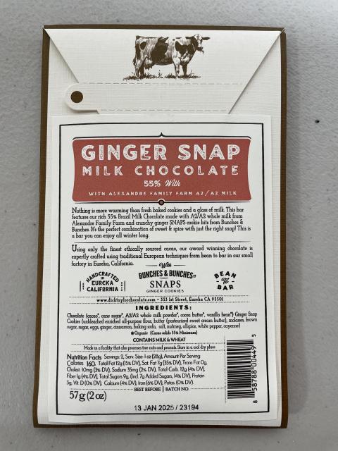 Image 1 “Back label Ginger Snap Milk Chocolate Bar, 2 oz”