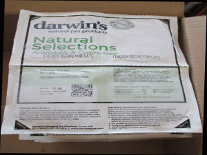 The front of a package of Darwin’s Natural Pet Products Natural Selections Antibiotic & Grain Free Chicken Recipe for Cats, lot number 9116.