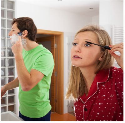 Image of man shaving, and a woman applying makeup.