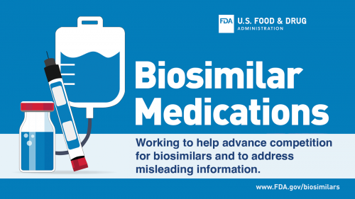 Image with a blue background, vector images of medical tools aligned to the left, and large type that reads Biosimilar Medications.