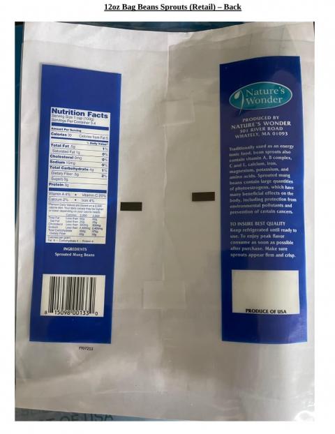 Image, retail product packaging back, Nature’s Wonder Premium Bean Sprouts 12 oz bag.