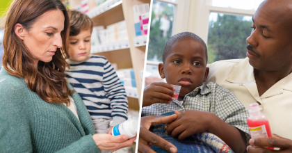 Image of a mother holding her child, while reading a medicine label on the left. A father holding his child, while the child is holding a measuring cup with medicine on the right.