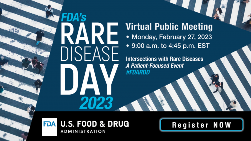 Graphic with dark blue background and White cross walk lines. It also has white text, aligned to the left of the image, that reads "FDA's Rare Disease Day 2023."