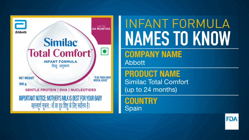 Infant Formula Names to Know. Company name is Abbott. Product name is Similac Total Comfort (up to 24 months). It comes from Spain.