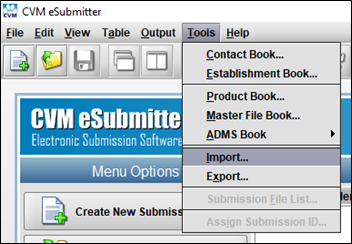 The eSubmitter Tools menu is displayed with the link to the Import tool highlighted.